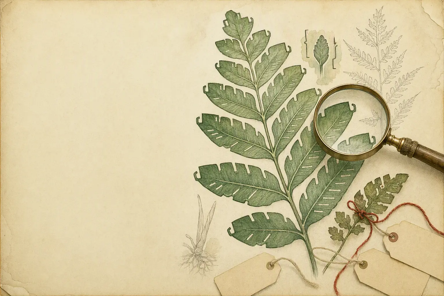 An illustrated fern with browser-tab-shaped leaves examined through a brass hand lens